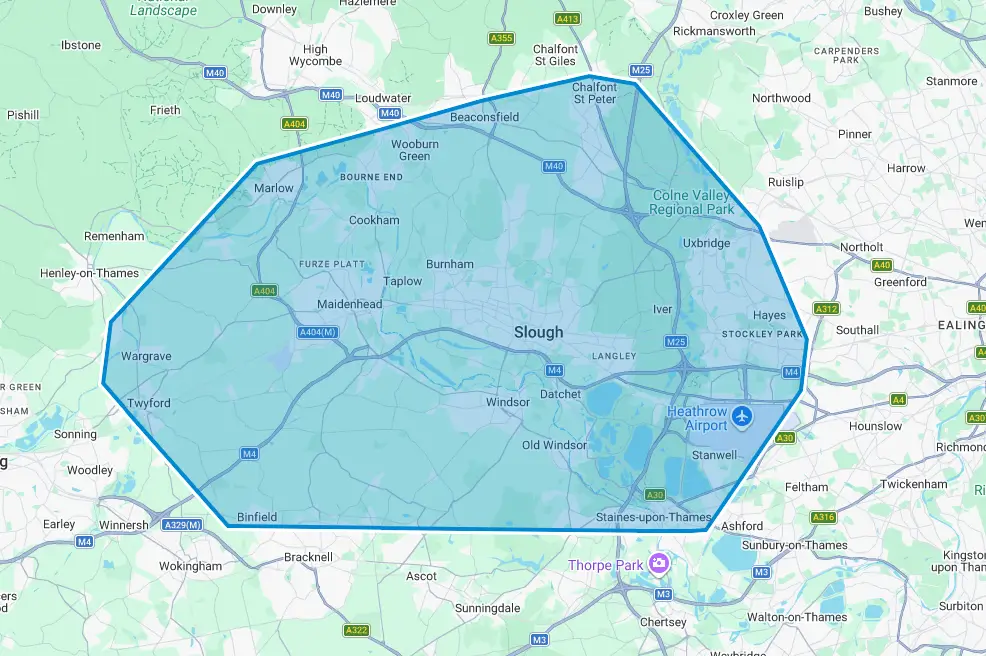 Service area map showing Slough and nearby locations