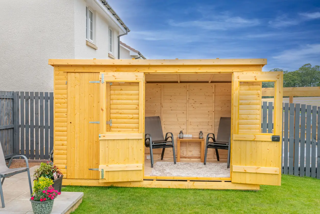 Summerhouse installed in garden on concrete base